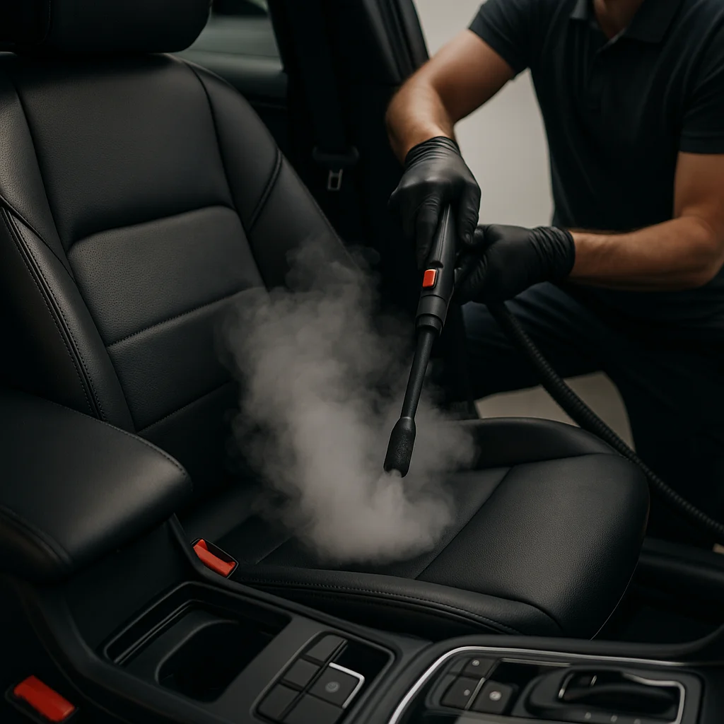 Stoomreiniger reinigt een zwarte lederen autostoel van dichtbij, met zichtbare stoom en operator met handschoenen