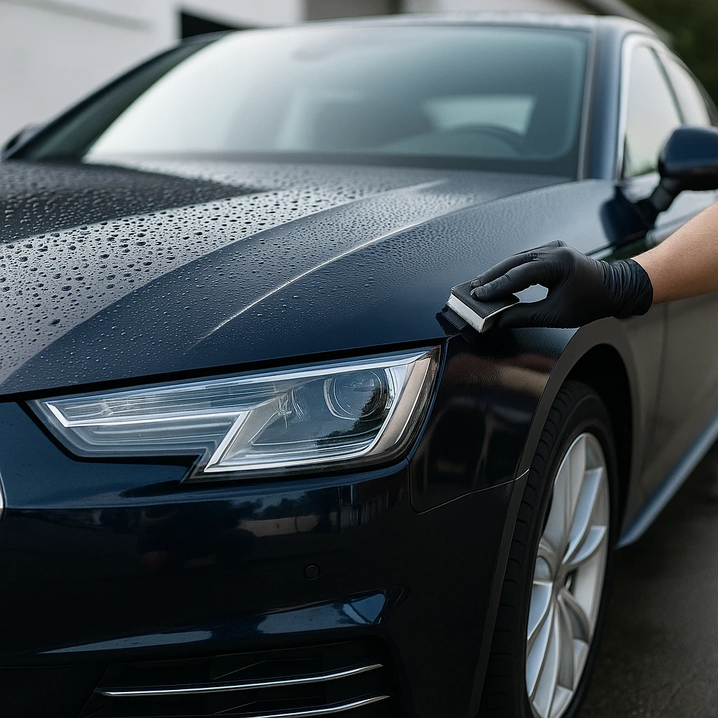 Glanzende zwarte auto met waterdruppels op de motorkap na keramische coating