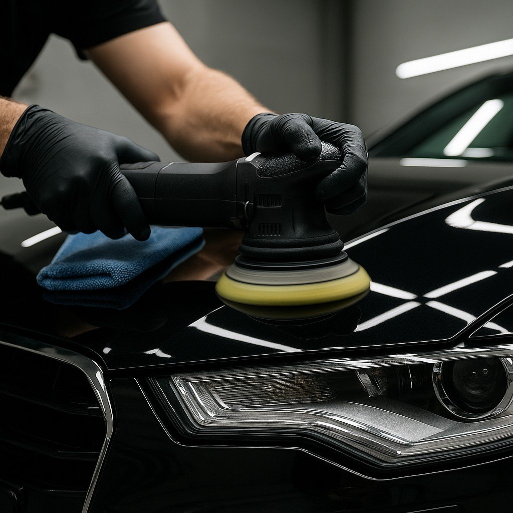 Een detailer polijst de motorkap van een zwarte auto met een polijstmachine, terwijl een blauwe microvezeldoek naast hem ligt.