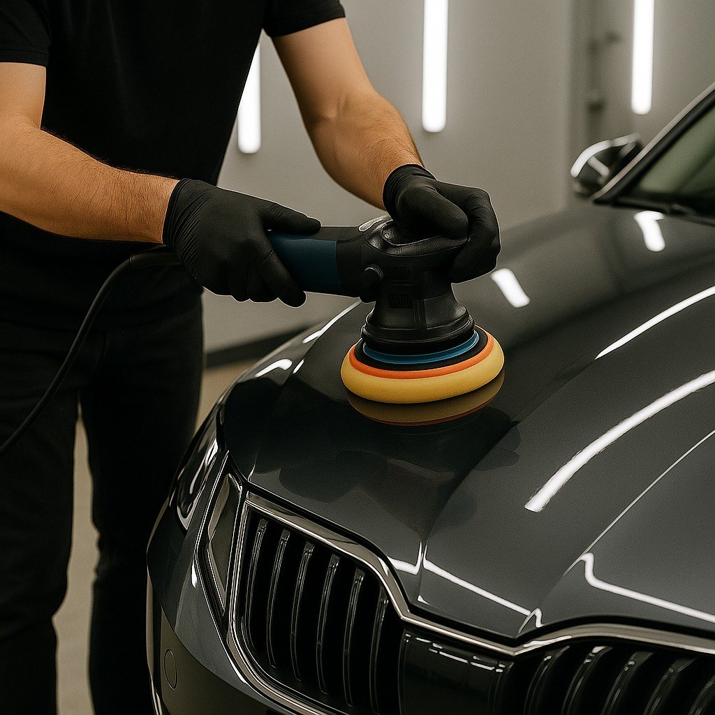 Een professionele autopoetser polijst de motorkap van een grijze auto met een roterende polijstmachine in een goed verlichte werkplaats